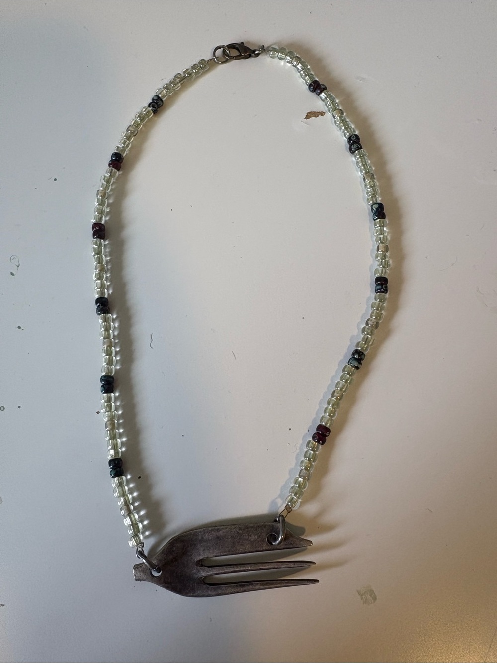 Handmade Bead Necklace with Silver-Tone Fork Pendant - White and Black Accents